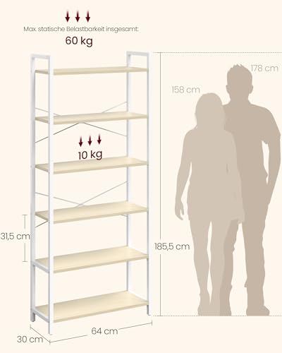 VASAGLE Regal, Bücherregal, Standregal, DVD-Regal, mit 6 Ebenen, Büroregal, offene Ablagen, für Büro, Wohnzimmer, Schlafzimmer, Küche, 30 x 64 x 185,5 cm, naturbeige-mattweiß LLS062LL01