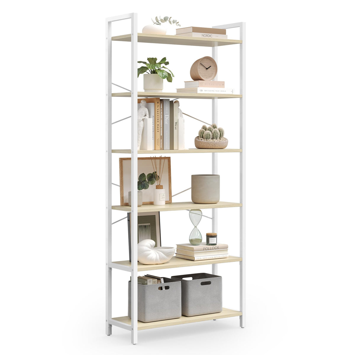 VASAGLE Regal, Bücherregal, Standregal, DVD-Regal, mit 6 Ebenen, Büroregal, offene Ablagen, für Büro, Wohnzimmer, Schlafzimmer, Küche, 30 x 64 x 185,5 cm, naturbeige-mattweiß LLS062LL01