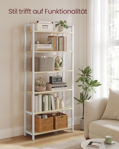 VASAGLE Regal, Bücherregal, Standregal, DVD-Regal, mit 6 Ebenen, Büroregal, offene Ablagen, für Büro, Wohnzimmer, Schlafzimmer, Küche, 30 x 64 x 185,5 cm, naturbeige-mattweiß LLS062LL01