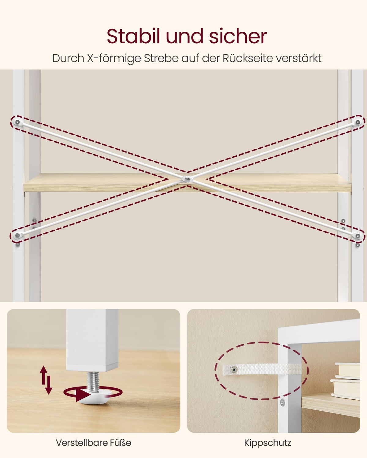 VASAGLE Regal, Bücherregal, Standregal, DVD-Regal, mit 6 Ebenen, Büroregal, offene Ablagen, für Büro, Wohnzimmer, Schlafzimmer, Küche, 30 x 64 x 185,5 cm, naturbeige-mattweiß LLS062LL01