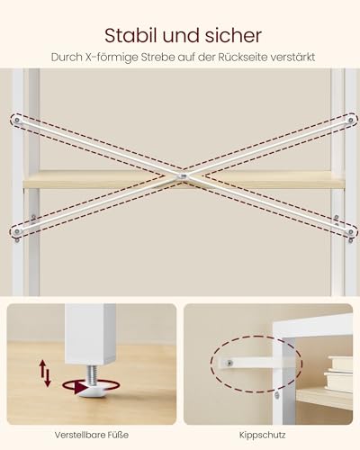 VASAGLE Regal, Bücherregal, Standregal, DVD-Regal, mit 6 Ebenen, Büroregal, offene Ablagen, für Büro, Wohnzimmer, Schlafzimmer, Küche, 30 x 64 x 185,5 cm, naturbeige-mattweiß LLS062LL01