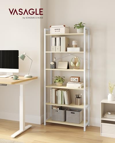 VASAGLE Regal, Bücherregal, Standregal, DVD-Regal, mit 6 Ebenen, Büroregal, offene Ablagen, für Büro, Wohnzimmer, Schlafzimmer, Küche, 30 x 64 x 185,5 cm, naturbeige-mattweiß LLS062LL01