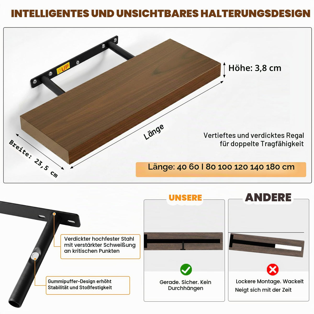 RICHER HOUSE Eiche Wandregale, 60 x 23,5 x 3,8cm Wandboard MDF Holz 1er-Set
