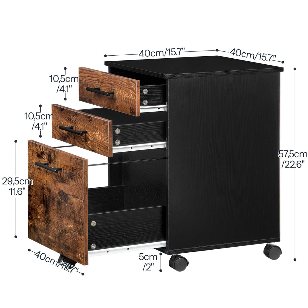 HOOBRO Rollcontainer, Rollen Aktenschrank mit 3 Schubladen, mobiler Büroschrank mit hängenden Aktenfächern, Büro, Dunkelbraun und Schwarz EBF02WJ01G1