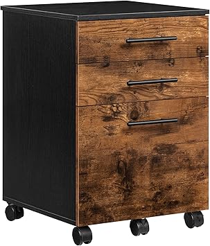 HOOBRO Rollcontainer, Rollen Aktenschrank mit 3 Schubladen, mobiler Büroschrank mit hängenden Aktenfächern, Büro, Dunkelbraun und Schwarz EBF02WJ01G1