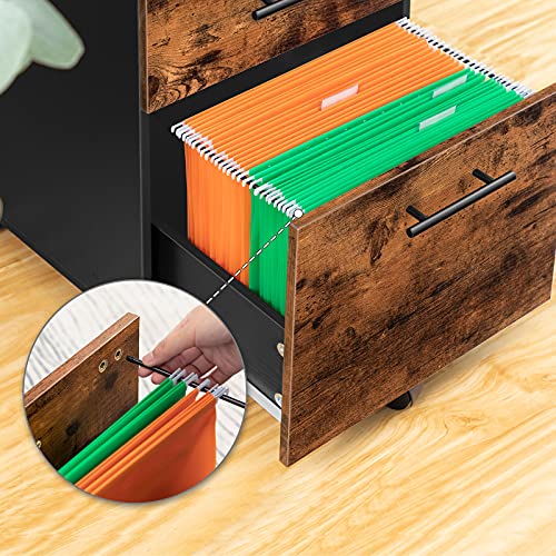 HOOBRO Rollcontainer, Rollen Aktenschrank mit 3 Schubladen, mobiler Büroschrank mit hängenden Aktenfächern, Büro, Dunkelbraun und Schwarz EBF02WJ01G1