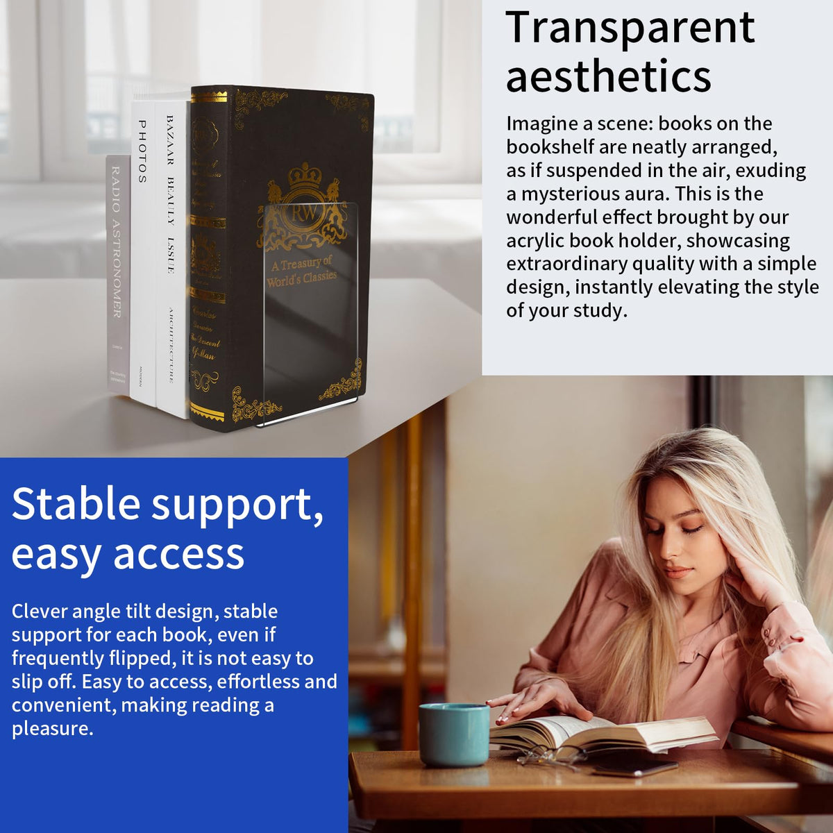 8 Stück Transparenten Acryl-Buchstütze, 32 Stück Anti-Rutsch-Pad-Buchstützen-Set, 3mm verdickt Stück Klarer Buchständer kann für Buchhalter, bücherstütze, Büro-Bücherregale, Bibliotheks-Buchständer