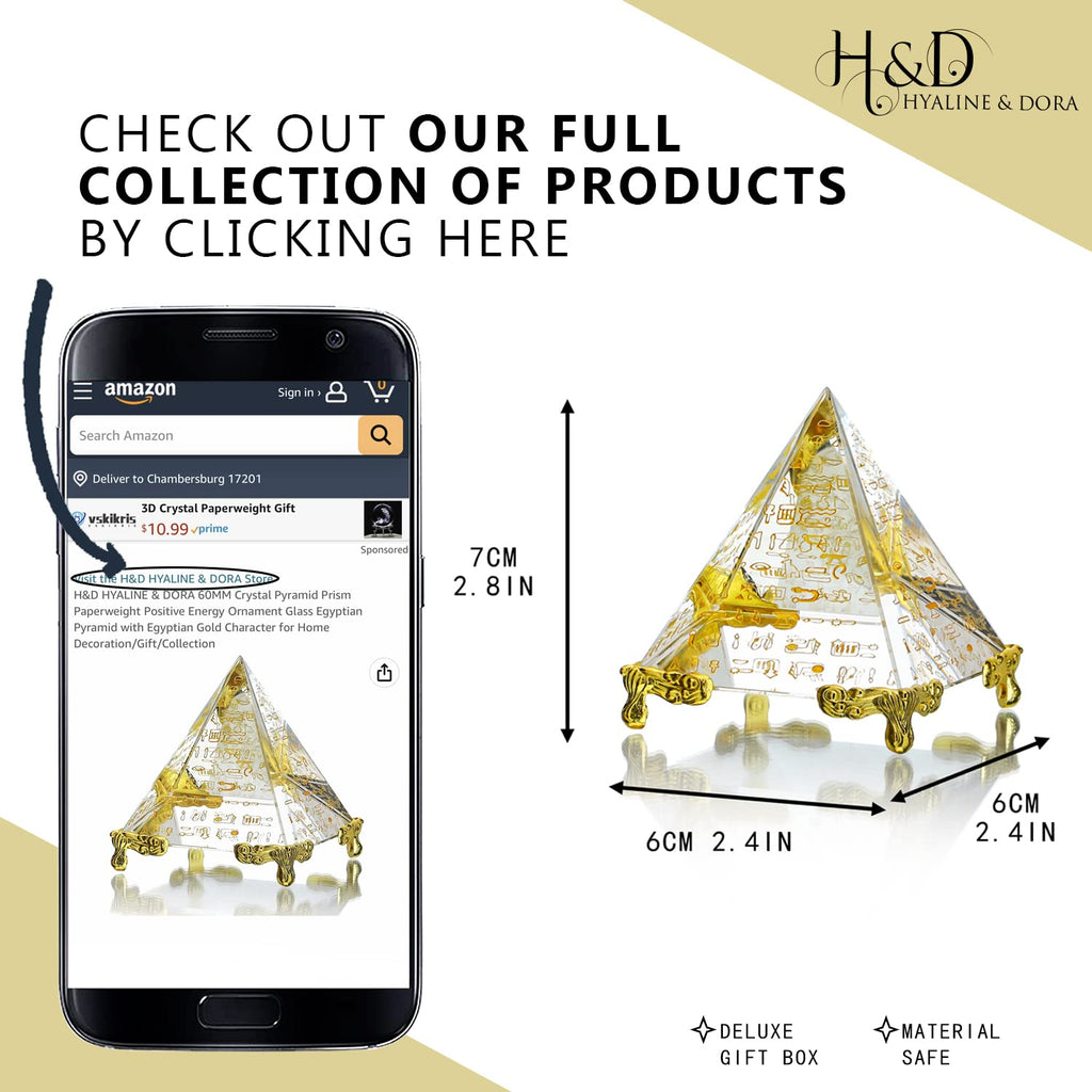 H&D HYALINE & DORA 60 mm Kristallpyramide Prisma Briefbeschwerer positive Energie Ornament, ägyptische Pyramide aus Glas mit ägyptischem Goldcharakter für Heimdekoration/Geschenk/Sammlung