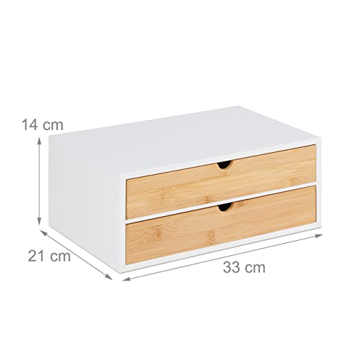 Relaxdays Schubladenbox, Bambus & MDF, Mini Kommode 2 Schubladen, HBT: 14x33x21 cm, Schreibtisch Organizer, weiß/natur
