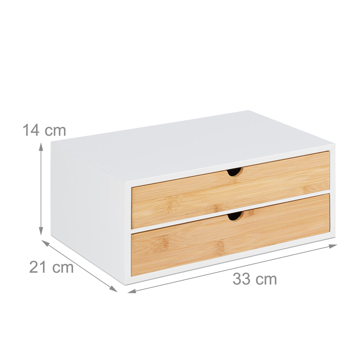 Relaxdays Schubladenbox, Bambus & MDF, Mini Kommode 2 Schubladen, HBT: 14x33x21 cm, Schreibtisch Organizer, weiß/natur