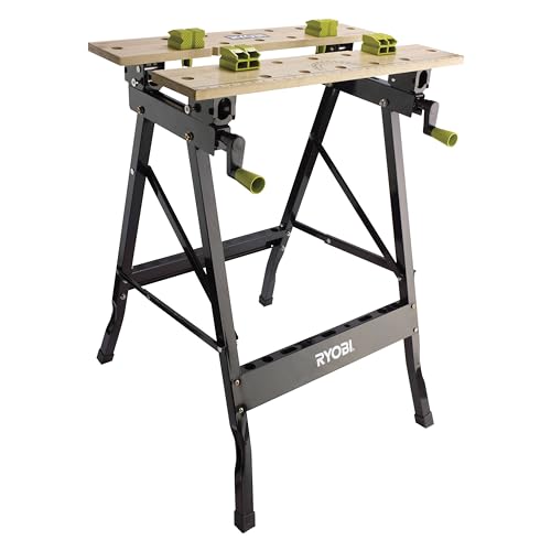RYOBI Klappbare Werkbank RWB02 – Mobile Bambus-Werkbank mit Spannsystem, schwenkbaren Spannplatten & Maßskala – Tragbare DIY Arbeitsbank für Werkstatt, Garage & Heimwerker
