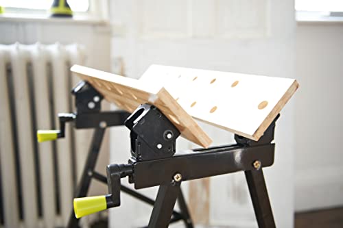 RYOBI Klappbare Werkbank RWB02 – Mobile Bambus-Werkbank mit Spannsystem, schwenkbaren Spannplatten & Maßskala – Tragbare DIY Arbeitsbank für Werkstatt, Garage & Heimwerker