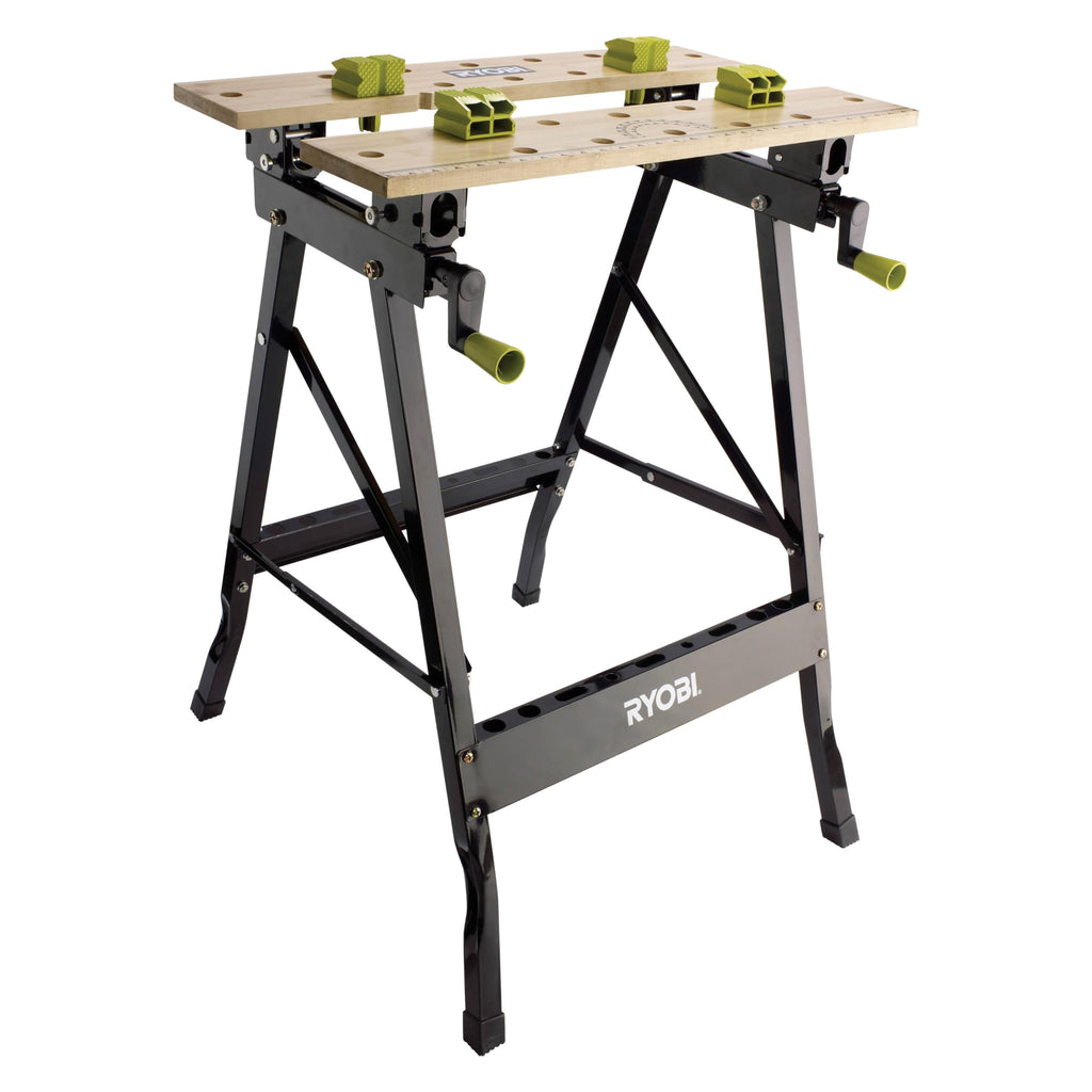 RYOBI Klappbare Werkbank RWB02 – Mobile Bambus-Werkbank mit Spannsystem, schwenkbaren Spannplatten & Maßskala – Tragbare DIY Arbeitsbank für Werkstatt, Garage & Heimwerker