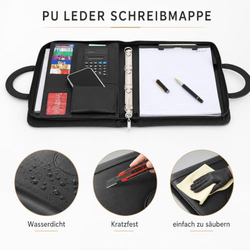 Schreibmappe A4, Konferenzmappe Leder, Dokumentenmappe mit Reißverschluss, Wasserdicht Aktenmappe mit Ringbuch Klemmbrett Notizblock, Portfolio Padfolio Mappe für Business Meeting, Schwarz