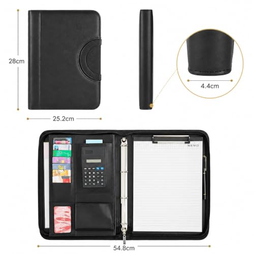 Schreibmappe A4, Konferenzmappe Leder, Dokumentenmappe mit Reißverschluss, Wasserdicht Aktenmappe mit Ringbuch Klemmbrett Notizblock, Portfolio Padfolio Mappe für Business Meeting, Schwarz