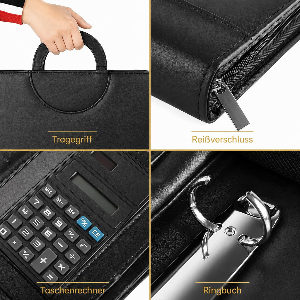 Schreibmappe A4, Konferenzmappe Leder, Dokumentenmappe mit Reißverschluss, Wasserdicht Aktenmappe mit Ringbuch Klemmbrett Notizblock, Portfolio Padfolio Mappe für Business Meeting, Schwarz