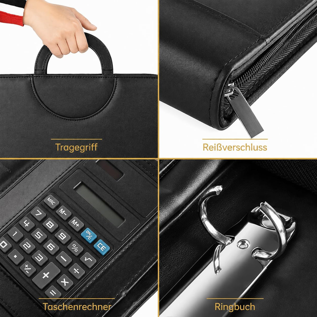 Schreibmappe A4, Konferenzmappe Leder, Dokumentenmappe mit Reißverschluss, Wasserdicht Aktenmappe mit Ringbuch Klemmbrett Notizblock, Portfolio Padfolio Mappe für Business Meeting, Schwarz