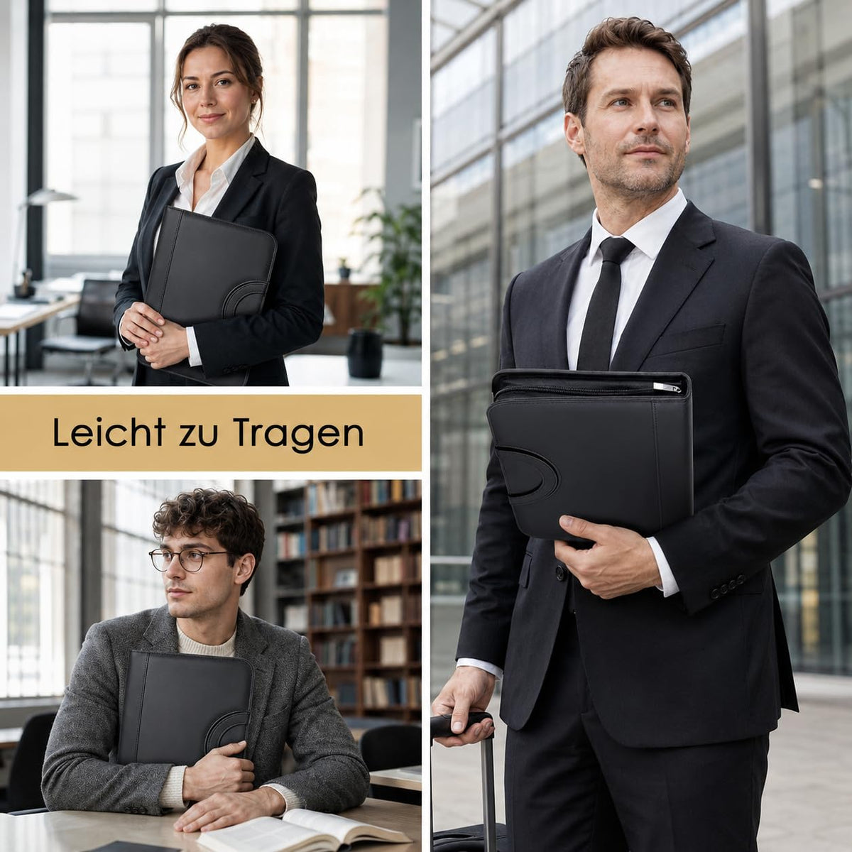 Schreibmappe A4, Konferenzmappe Leder, Dokumentenmappe mit Reißverschluss, Wasserdicht Aktenmappe mit Ringbuch Klemmbrett Notizblock, Portfolio Padfolio Mappe für Business Meeting, Schwarz