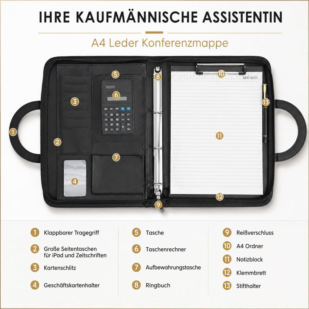 Schreibmappe A4, Konferenzmappe Leder, Dokumentenmappe mit Reißverschluss, Wasserdicht Aktenmappe mit Ringbuch Klemmbrett Notizblock, Portfolio Padfolio Mappe für Business Meeting, Schwarz