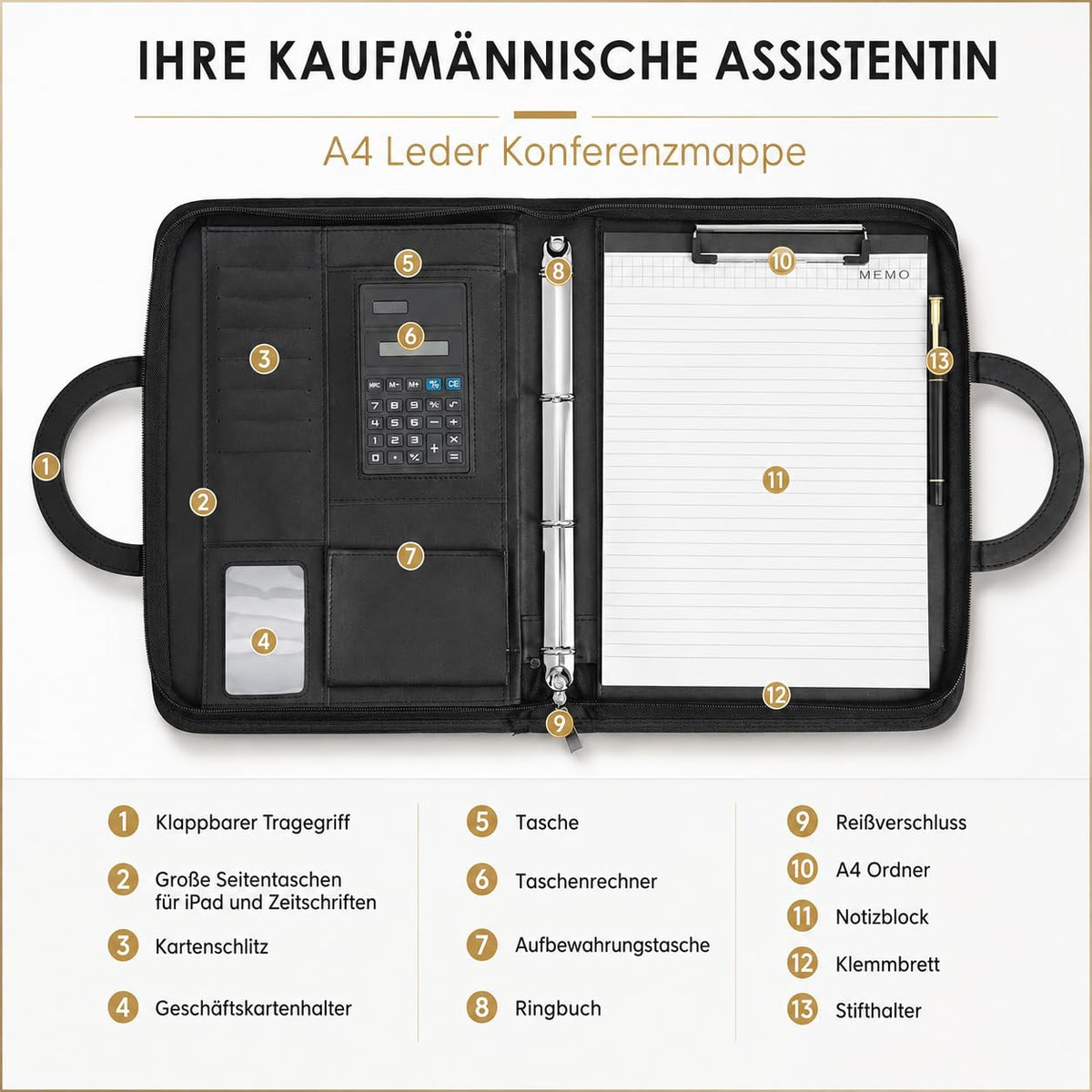 Schreibmappe A4, Konferenzmappe Leder, Dokumentenmappe mit Reißverschluss, Wasserdicht Aktenmappe mit Ringbuch Klemmbrett Notizblock, Portfolio Padfolio Mappe für Business Meeting, Schwarz