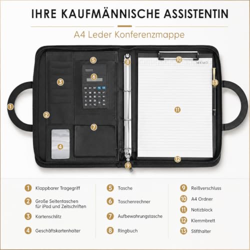 Schreibmappe A4, Konferenzmappe Leder, Dokumentenmappe mit Reißverschluss, Wasserdicht Aktenmappe mit Ringbuch Klemmbrett Notizblock, Portfolio Padfolio Mappe für Business Meeting, Schwarz