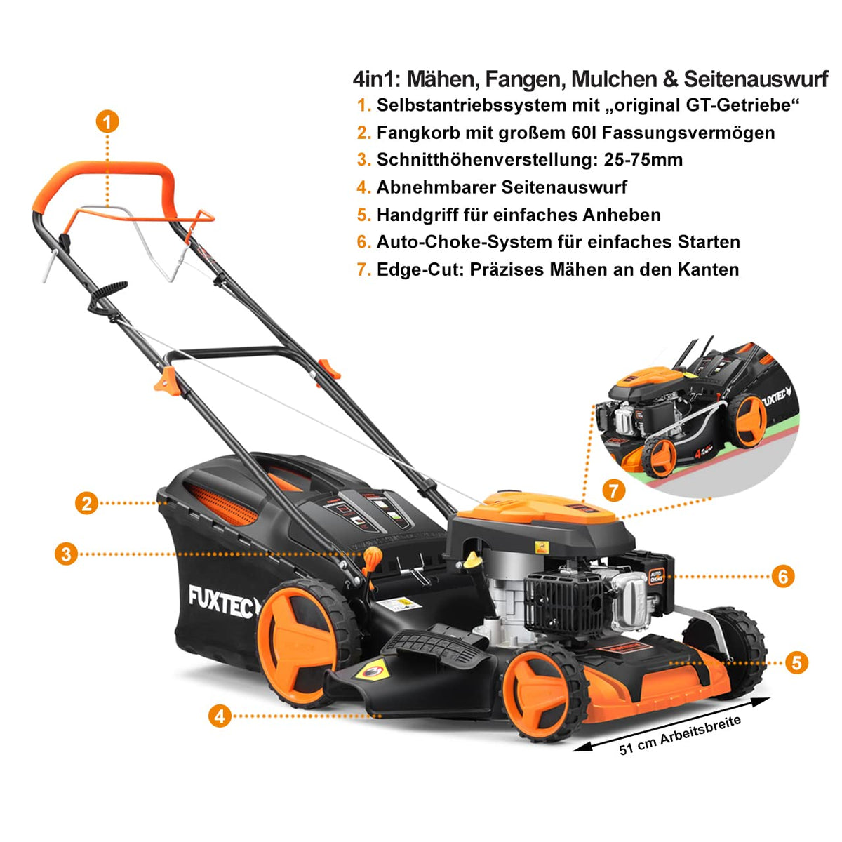 FUXTEC Benzin Rasenmäher FX-RM5196 • 196 CCM 4-Takt • 51 cm Schnittbreite