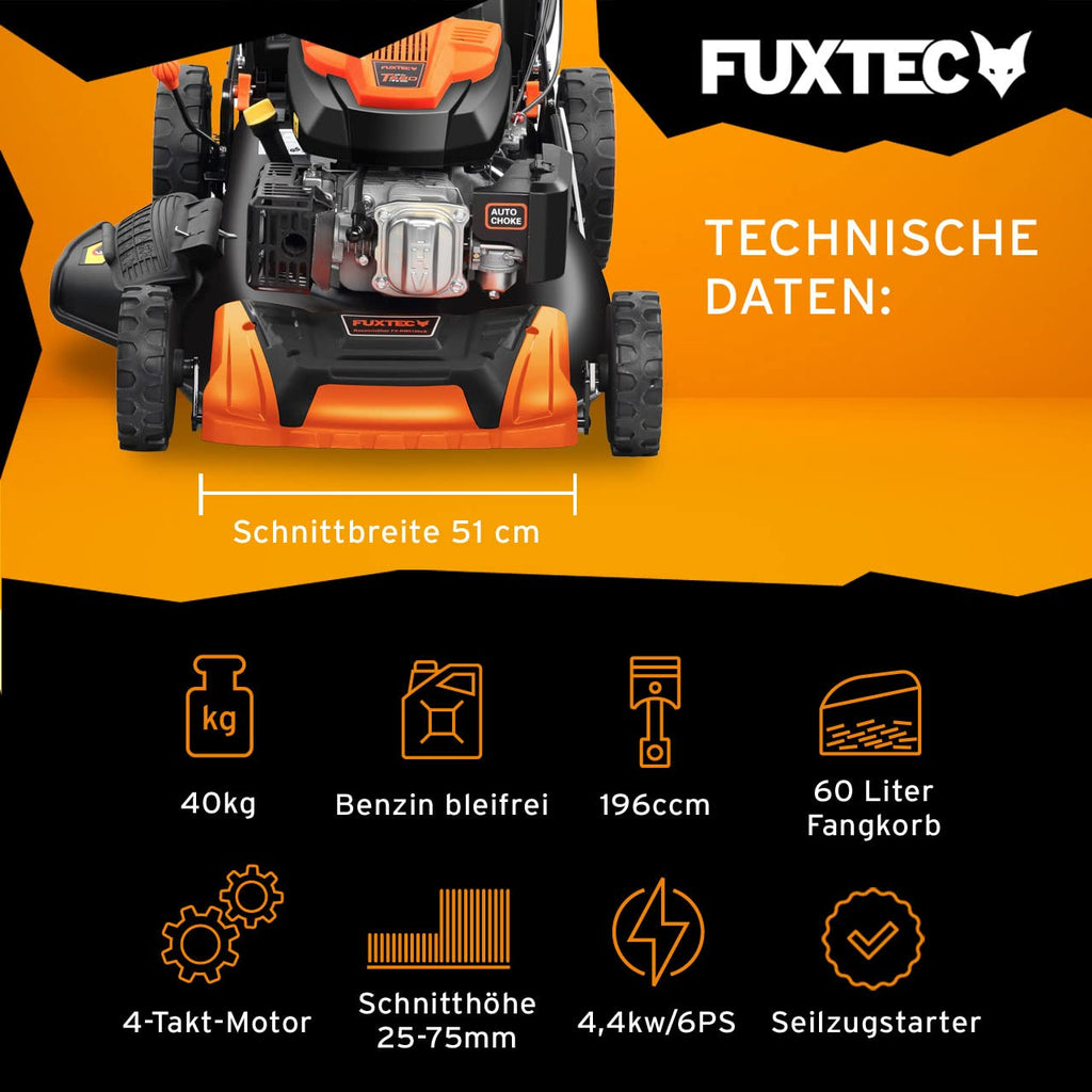 FUXTEC Benzin Rasenmäher FX-RM5196 • 196 CCM 4-Takt • 51 cm Schnittbreite