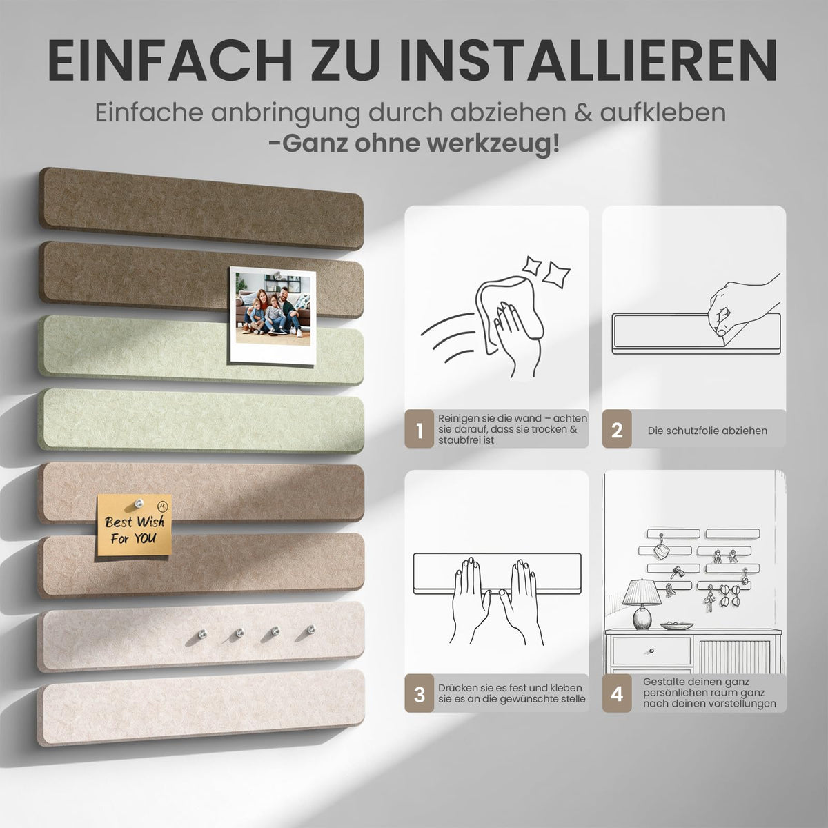 Filz Pinnwand Selbstklebend mit 40 Pinnnadeln, 8 Stück Pinnwand Bar Streifen Filzboard Memotafeln Fotos Filzplatte Bulletin Board Wanddekoration für Zuhause, Büro (Salbei-Mischung, 8 Pack)