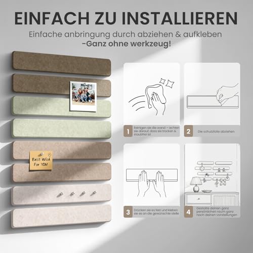 Filz Pinnwand Selbstklebend mit 40 Pinnnadeln, 8 Stück Pinnwand Bar Streifen Filzboard Memotafeln Fotos Filzplatte Bulletin Board Wanddekoration für Zuhause, Büro (Salbei-Mischung, 8 Pack)