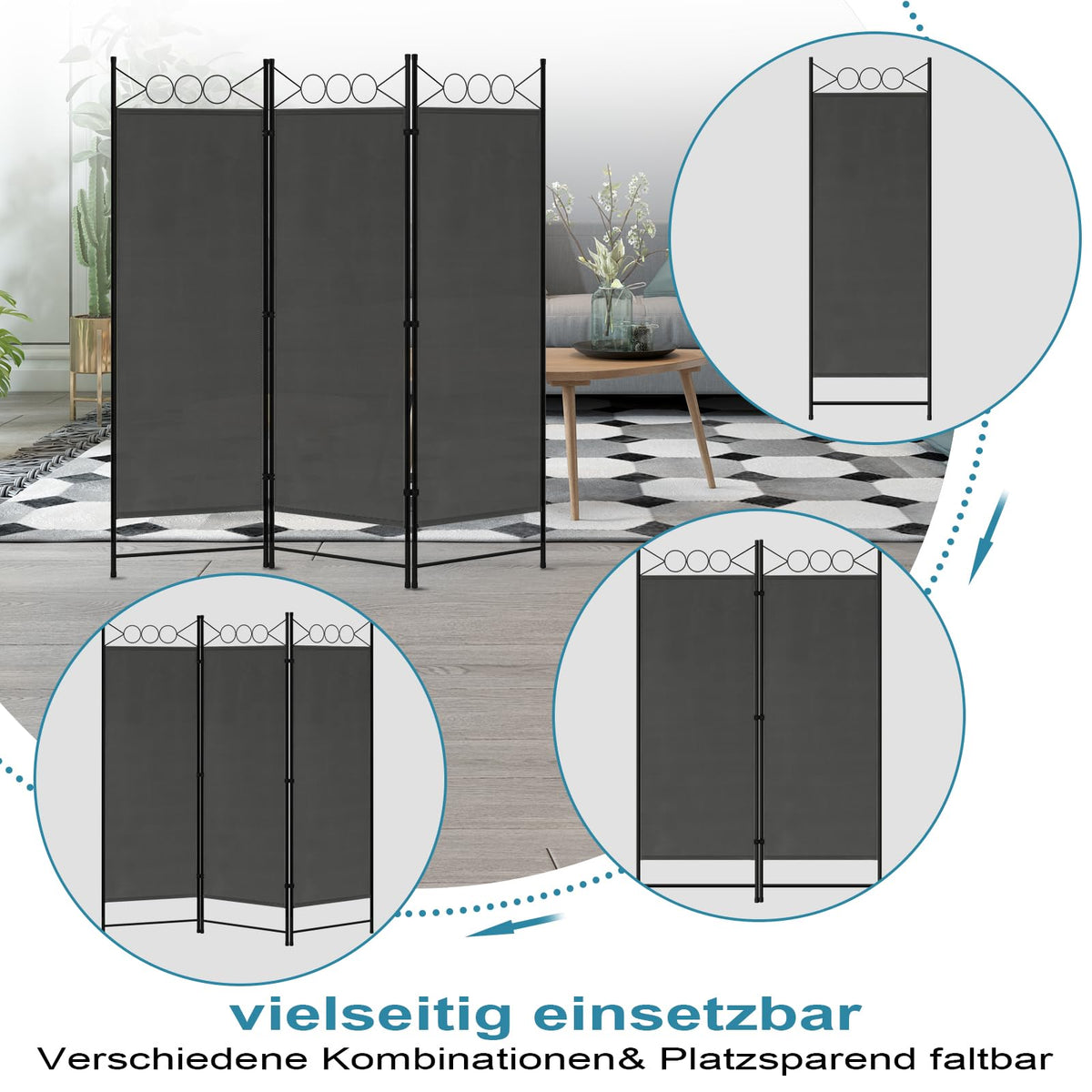 WOLTU Paravent Raumteiler 3 Teilig klappbar, Dunkelgrau 167 x 172 cm