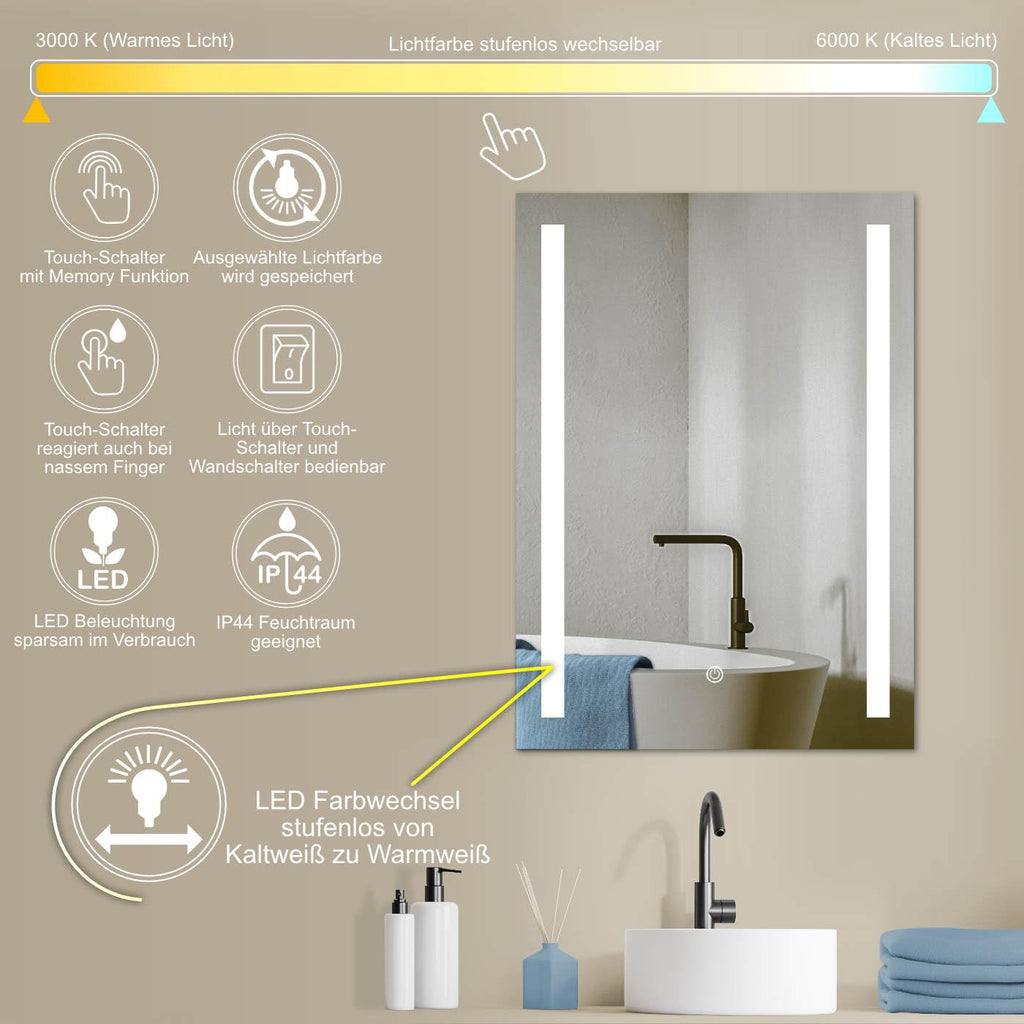 HOKO® LED Badspiegel 50x70 cm Lindau. Design Badezimmerspiegel mit Beleuchtung und mit Touch Schalter + LED Wechsel - Warmweiß - Kaltweiß - Neutral