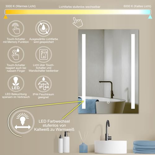 HOKO® LED Badspiegel 50x70 cm Lindau. Design Badezimmerspiegel mit Beleuchtung und mit Touch Schalter + LED Wechsel - Warmweiß - Kaltweiß - Neutral
