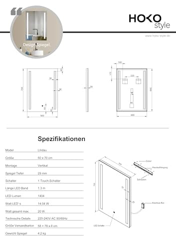 HOKO® LED Badspiegel 50x70 cm Lindau. Design Badezimmerspiegel mit Beleuchtung und mit Touch Schalter + LED Wechsel - Warmweiß - Kaltweiß - Neutral