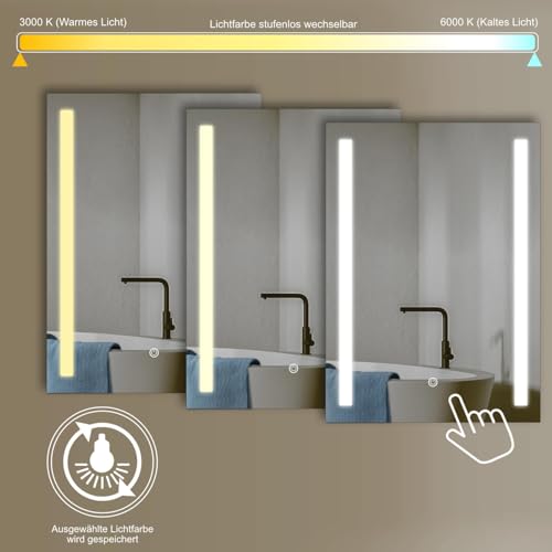 HOKO® LED Badspiegel 50x70 cm Lindau. Design Badezimmerspiegel mit Beleuchtung und mit Touch Schalter + LED Wechsel - Warmweiß - Kaltweiß - Neutral