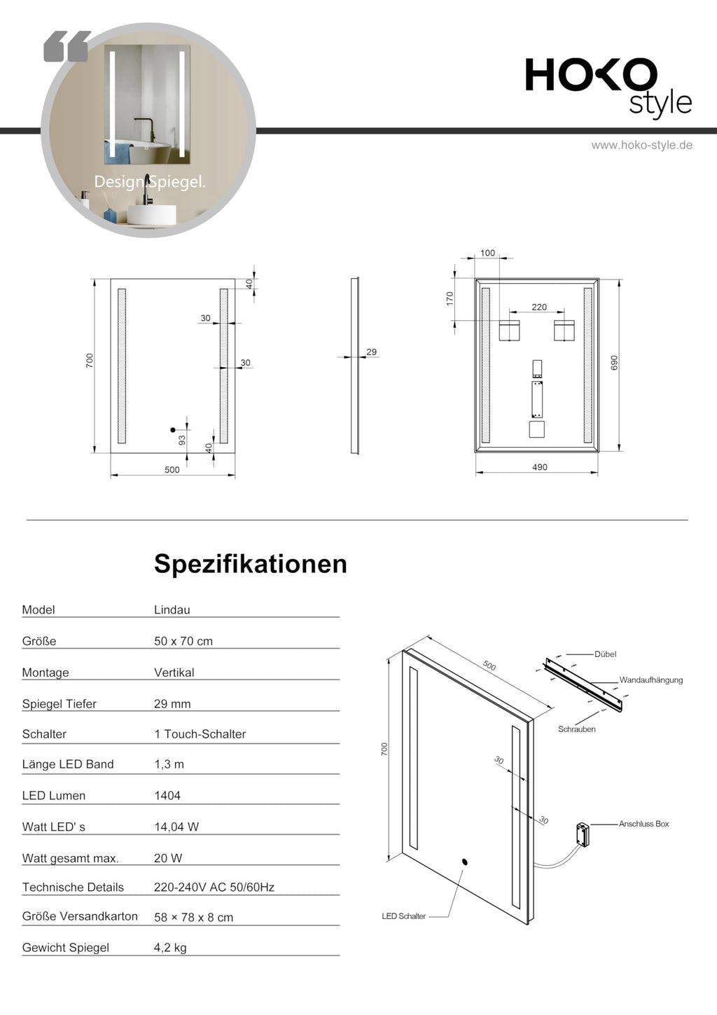 HOKO® LED Badspiegel 50x70 cm Lindau. Design Badezimmerspiegel mit Beleuchtung und mit Touch Schalter + LED Wechsel - Warmweiß - Kaltweiß - Neutral