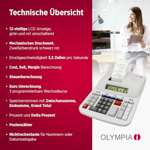 Olympia CPD 512 Tischrechner druckend, 12- stellige, grün/rote LCD- Anzeige, 210 x 295 x 67 mm