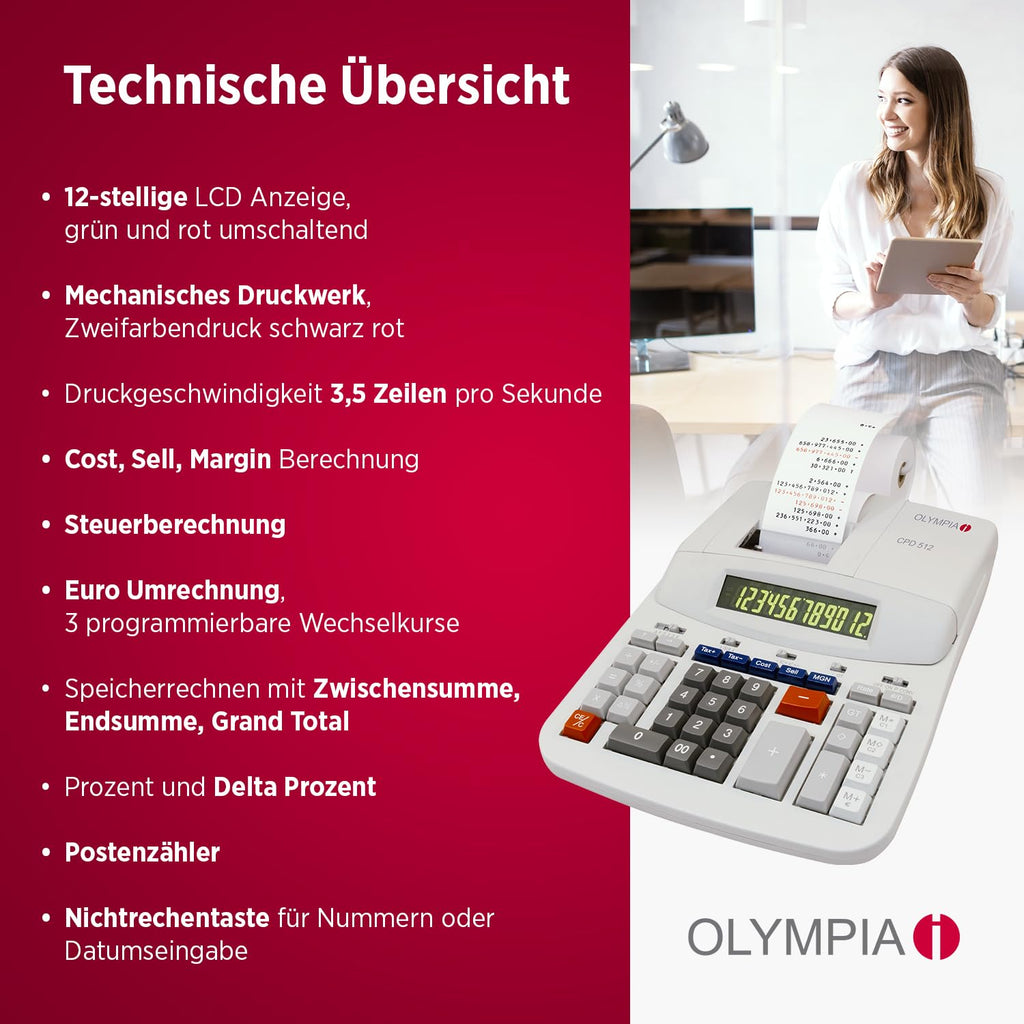 Olympia CPD 512 Tischrechner druckend, 12- stellige, grün/rote LCD- Anzeige, 210 x 295 x 67 mm
