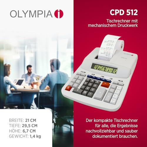 Olympia CPD 512 Tischrechner druckend, 12- stellige, grün/rote LCD- Anzeige, 210 x 295 x 67 mm