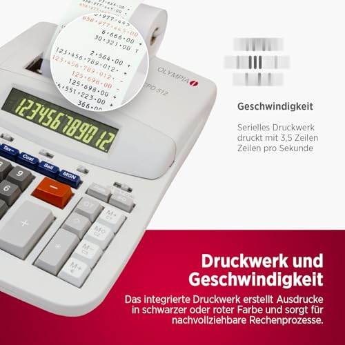 Olympia CPD 512 Tischrechner druckend, 12- stellige, grün/rote LCD- Anzeige, 210 x 295 x 67 mm