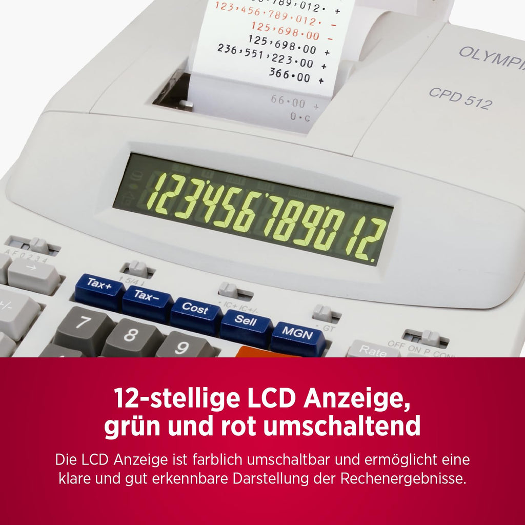 Olympia CPD 512 Tischrechner druckend, 12- stellige, grün/rote LCD- Anzeige, 210 x 295 x 67 mm