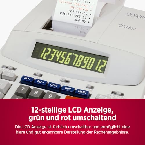 Olympia CPD 512 Tischrechner druckend, 12- stellige, grün/rote LCD- Anzeige, 210 x 295 x 67 mm