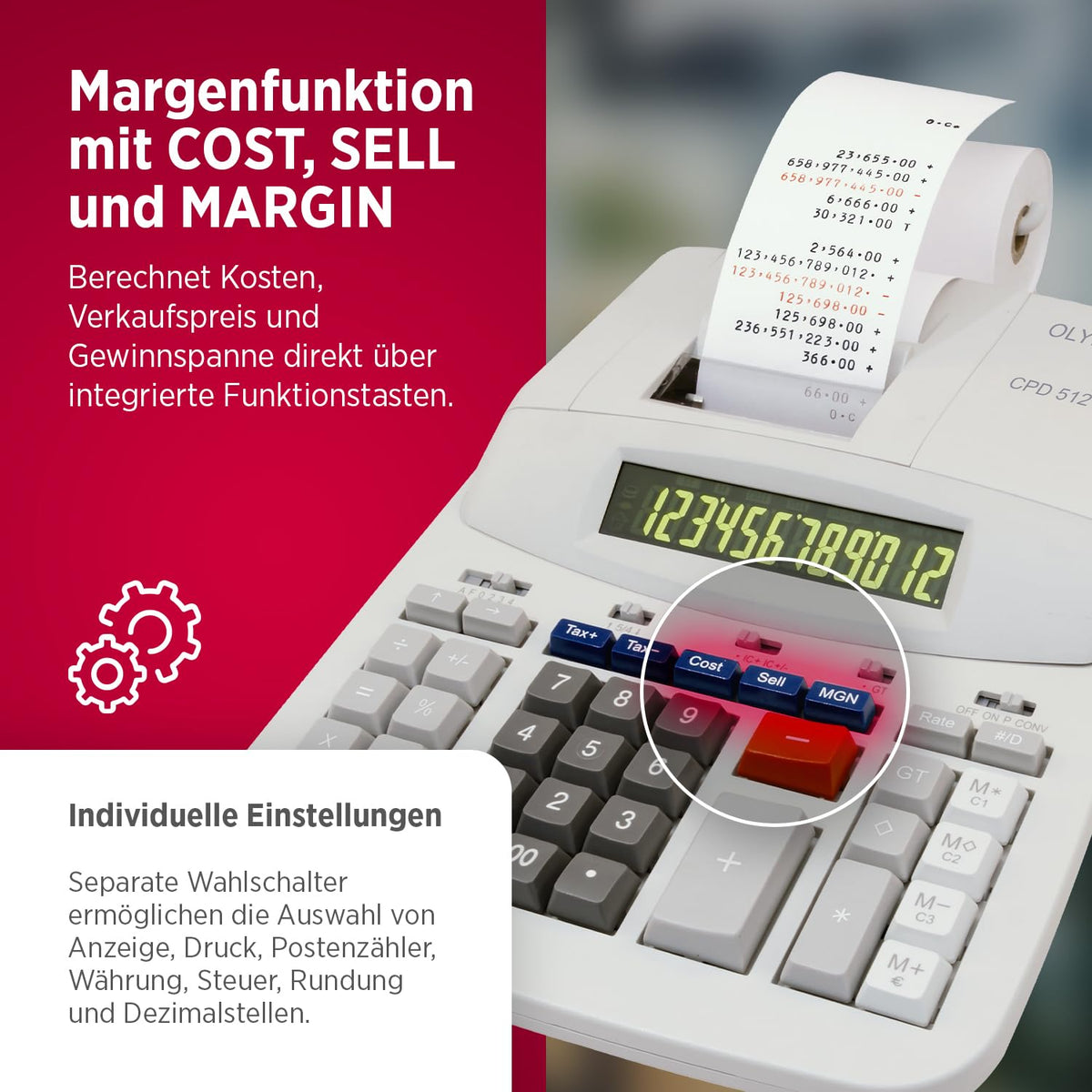 Olympia CPD 512 Tischrechner druckend, 12- stellige, grün/rote LCD- Anzeige, 210 x 295 x 67 mm