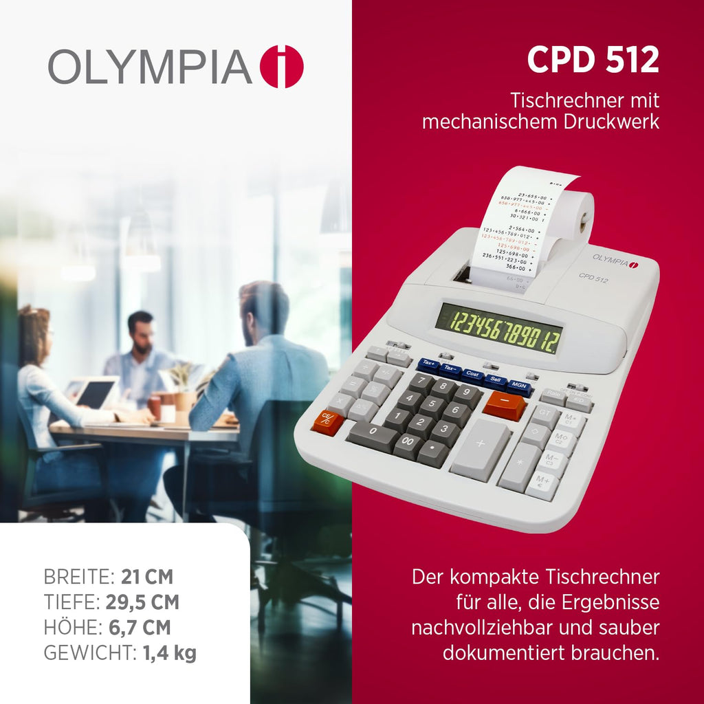 Olympia CPD 512 Tischrechner druckend, 12- stellige, grün/rote LCD- Anzeige, 210 x 295 x 67 mm