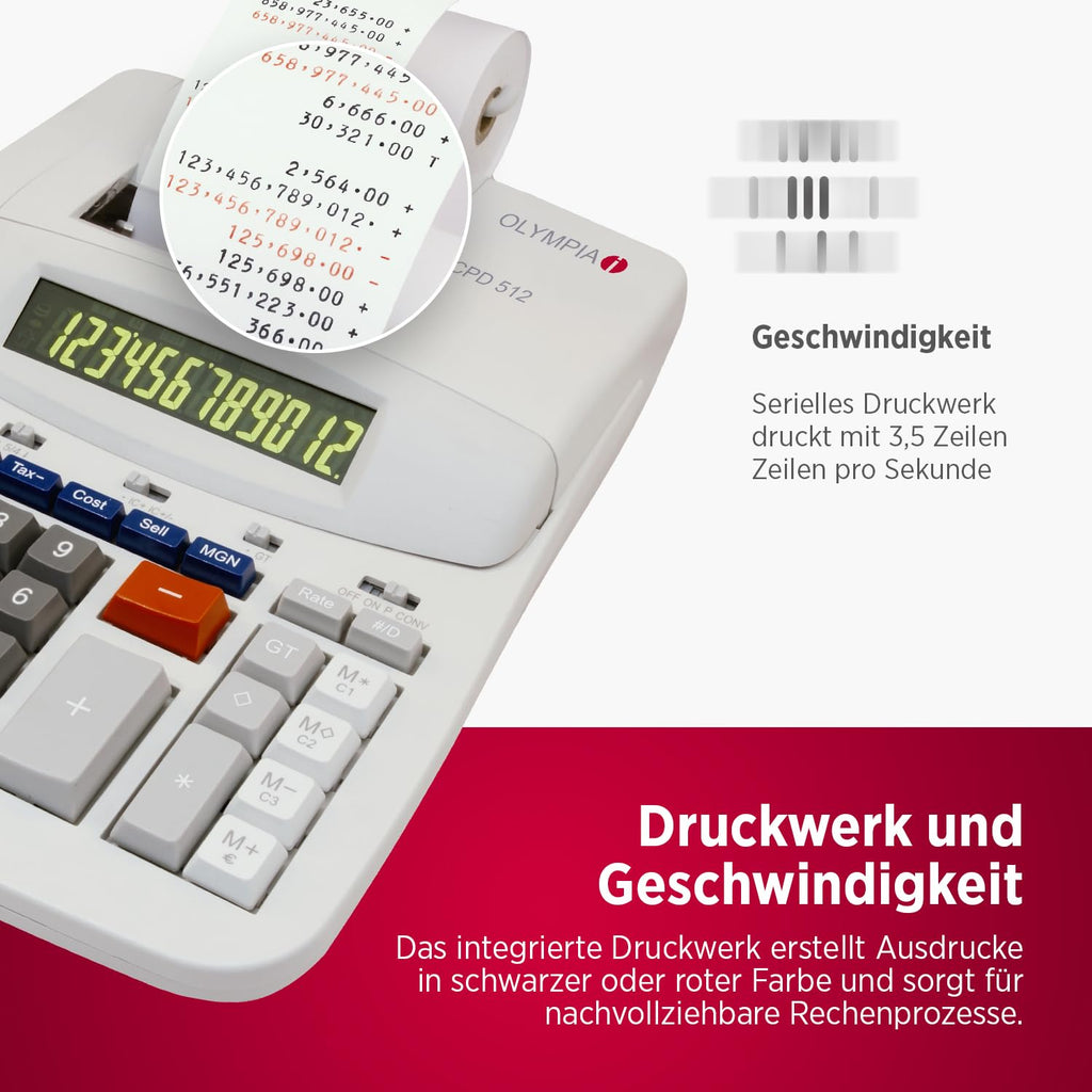 Olympia CPD 512 Tischrechner druckend, 12- stellige, grün/rote LCD- Anzeige, 210 x 295 x 67 mm