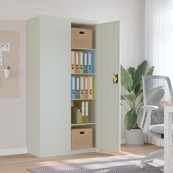 Aktenschrank Hellgrau aus pulverbeschichtetem Stahl 90x40x180 cm mit 4 Einlegeböden abschließbar Büroschrank für Archivierung und Ordnung im Büro, Homeoffice, Arbeitszimmer