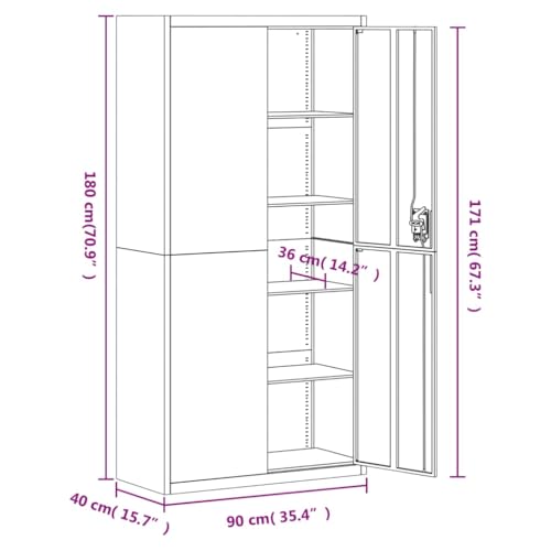 Aktenschrank Hellgrau aus pulverbeschichtetem Stahl 90x40x180 cm mit 4 Einlegeböden abschließbar Büroschrank für Archivierung und Ordnung im Büro, Homeoffice, Arbeitszimmer