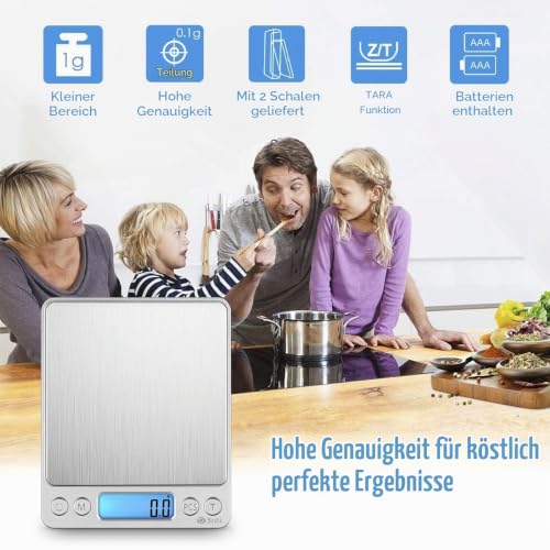 AMIR Küchenwaage, 3kg x 0,1g Digitalwaage Küchenwaage, Hohe Präzision Briefwaage mit Tara-Funktion, Stückzählung Funktion, Haushaltswaage ideal für Messen von Weihnachten backen Zutaten, Briefmarken..