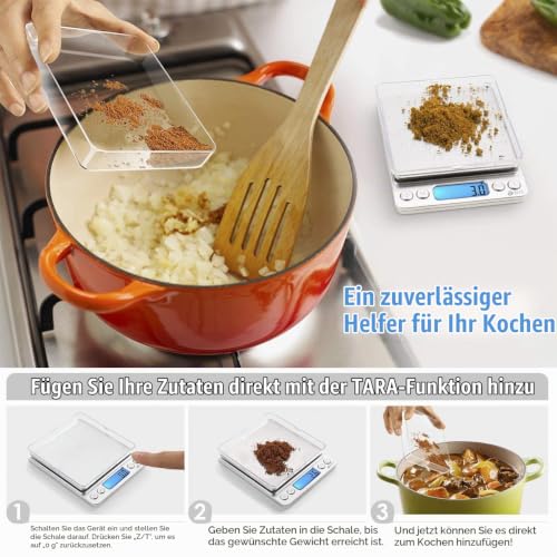 AMIR Küchenwaage, 3kg x 0,1g Digitalwaage Küchenwaage, Hohe Präzision Briefwaage mit Tara-Funktion, Stückzählung Funktion, Haushaltswaage ideal für Messen von Weihnachten backen Zutaten, Briefmarken..