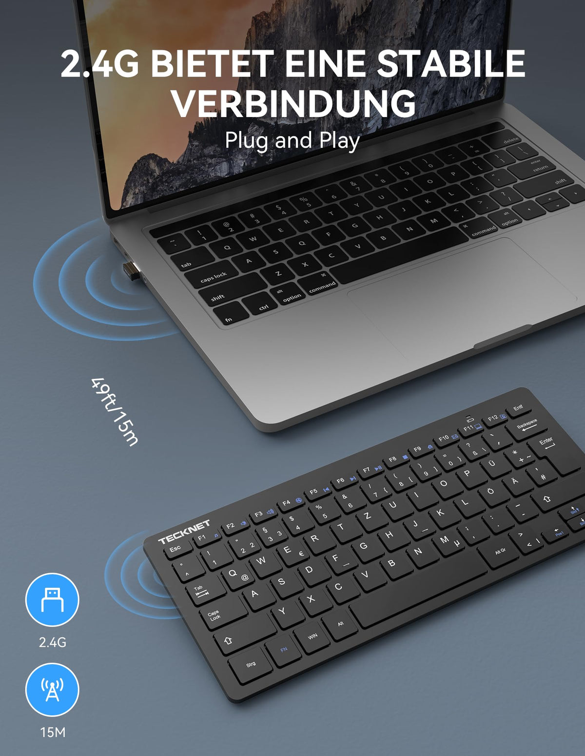 TECKNET Slim Kabellose Tastatur, Deutsches Layout, 78 Tasten Mini Wireless Tastatur mit Nano USB Empfänger für Windows/Chrome OS Smart TV - Schwarz