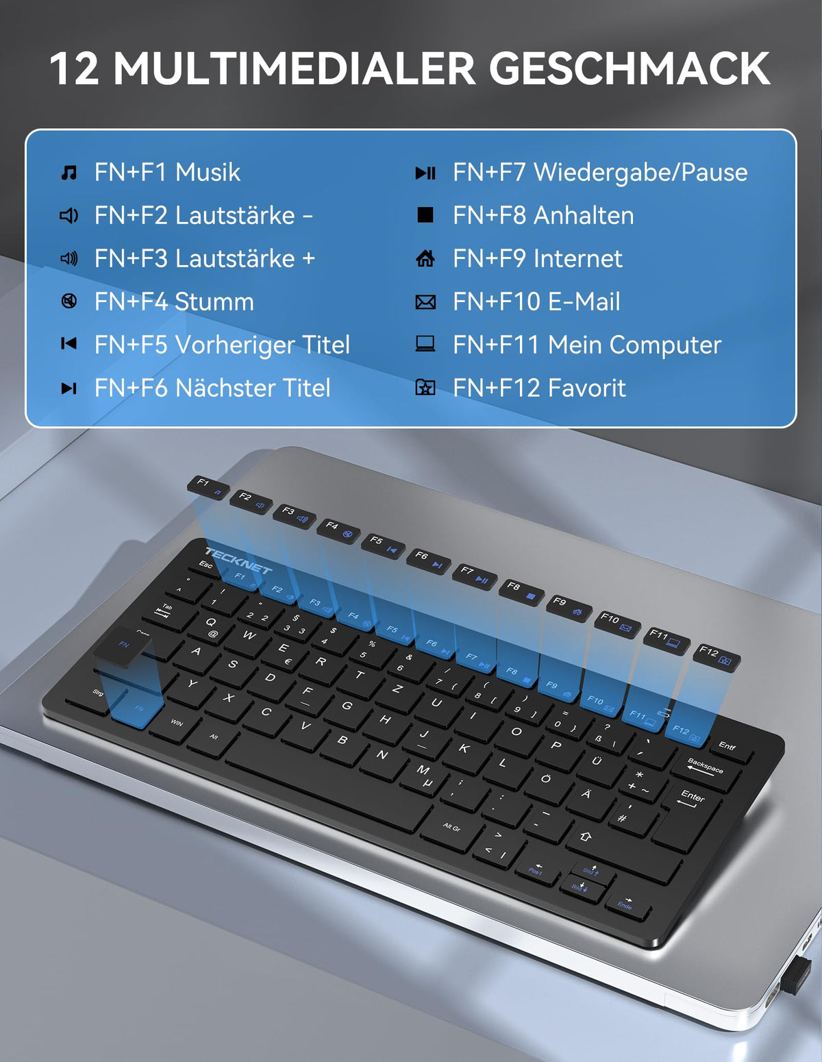 TECKNET Slim Kabellose Tastatur, Deutsches Layout, 78 Tasten Mini Wireless Tastatur mit Nano USB Empfänger für Windows/Chrome OS Smart TV - Schwarz
